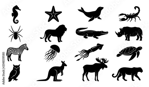 Photography Diverse wild animals and marine life silhouettes collection vector illustration
