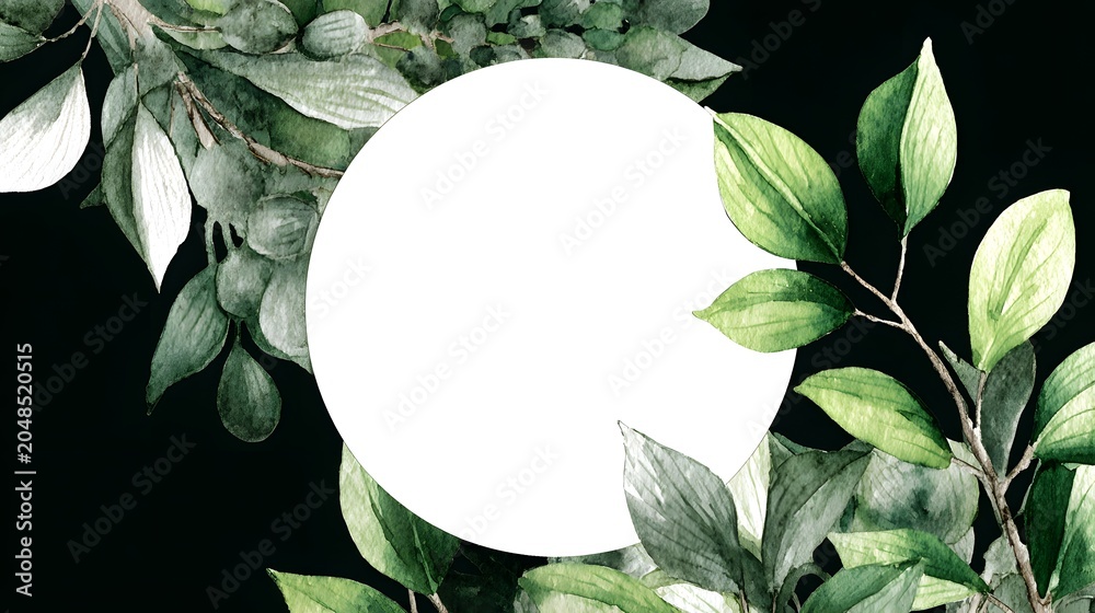 Fototapeta premium Watercolor Green Branch Frame With White Circle 