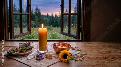 Window Solstice Altar Table overlooking a pine forest at sunset.