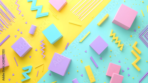 Abstract 3d background with geometric shapes in pastel colors, memphis style design with cubes and zigzag lines