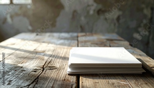 Blank White Paper Stack on Rustic Wooden Table with Sunlight.