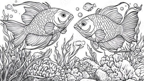 Black and white drawing of two fish in an underwater environment with plants