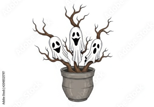 Three ghosts in a plant pot for Halloween isolated on white background