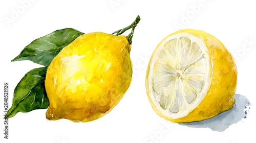 whole lemon and half a lemon, watercolor hand-drawn drawing of a fruits, isolated illustration on a white background 