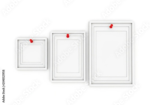 Three white empty frames with red push pins isolated on white background