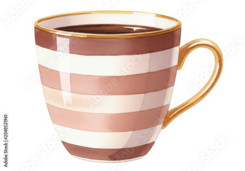 Striped coffee cup with brown and pink bands isolated on white background