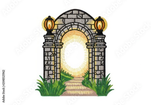 Stone archway with glowing lights and garden isolated on white background