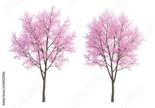 Two blooming pink cherry trees in spring season isolated on white background