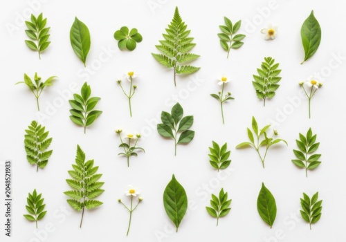 Set of various green leaves and small plants isolated on white background