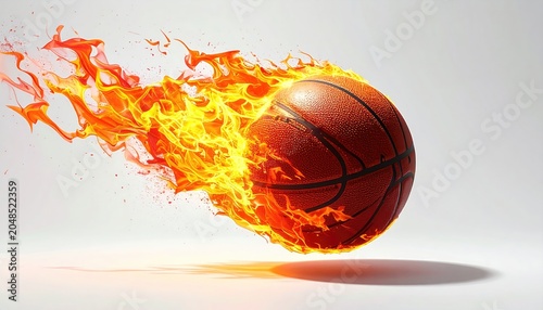 A flaming basketball soars through the air with fiery orange trails