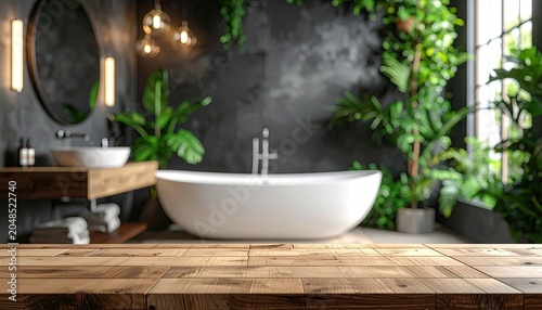 Modern bathroom, white tub, dark walls, abundant green plants