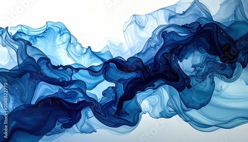 Dynamic abstract blue fluid art with translucent flowing shapes