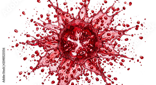 Dynamic ruby red pomegranate juice splash with seeds isolated on white background