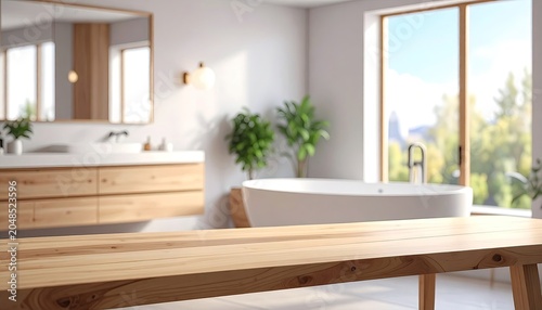 Clear wood surface, blurred modern bathroom with tub and plants