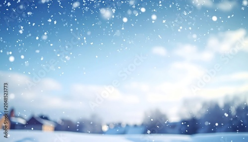 Beautiful Winter Landscape with Falling Snow and Cozy Village.