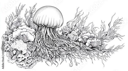 Elaborate black and white drawing of a jellyfish amidst coral and marine plants