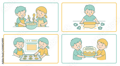 Cute cartoon children baking cookies and cake together