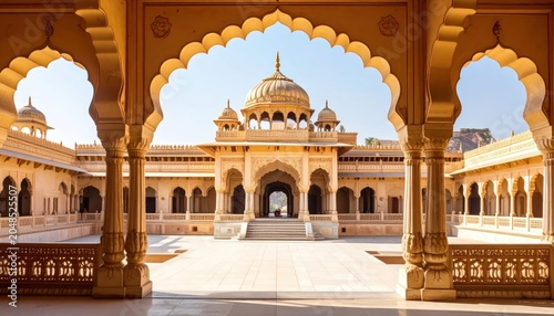 Beautiful Indian Palace Courtyard with Arches and Dome.