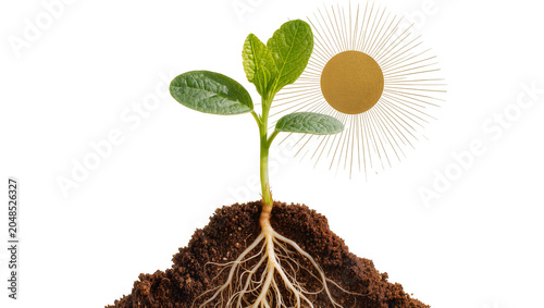 Foto Isolated vibrant young green plant with roots in a soil mound and artistic golde