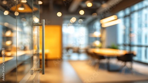 Blurred modern office interior with glass wall and meeting table
