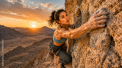 Young woman climbing a rock face during sunset in desert landscape  