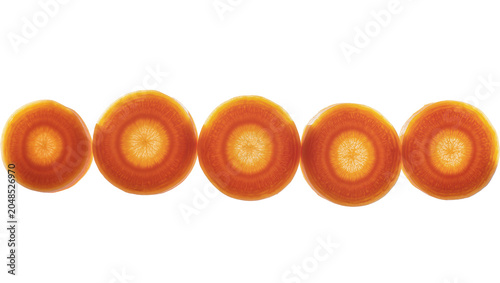 Slika na platnu Isolated five backlit fresh orange carrot slices in a row showing beautiful heal