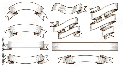 Vintage hand drawn ribbon banners set, engraved sketch scroll collection, 8 decorative parchment paper header vectors for wedding invitations