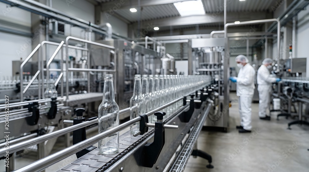 Fototapeta premium Automated glass bottle bottling line in modern food and beverage manufacturing factory with workers