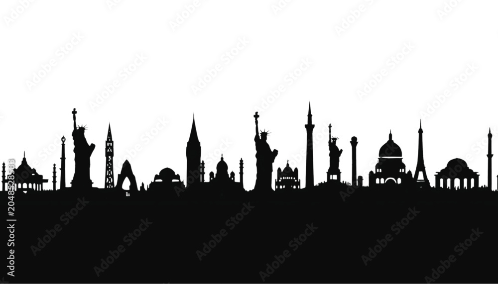 Fototapeta premium Landmarks skyline presents a silhouette of iconic global architectural monuments in one composition.