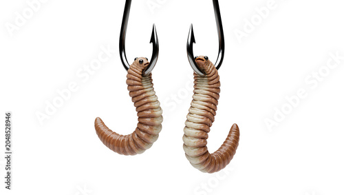Canvastavla Isolated two fishing hooks baited with realistic earthworms, tempting catch for