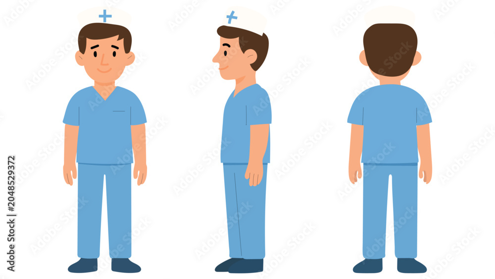 Fototapeta premium Male Doctor Surgeon Character in Blue Medical Scrubs Turnaround View