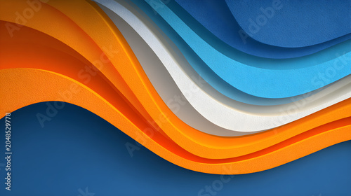 Abstract background with flowing wavy layers in orange, blue, and white colors with a textured paper cut effect