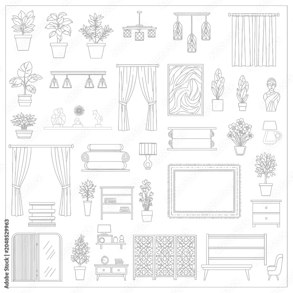 Fototapeta premium A comprehensive collection of line art illustrations depicting various home decor items and furniture, including plants, lighting, curtains, seating, and storage solutions.
