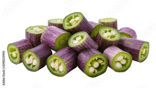 Bilde på lerret Isolated pile of fresh sliced purple garlic scapes revealing green cross section