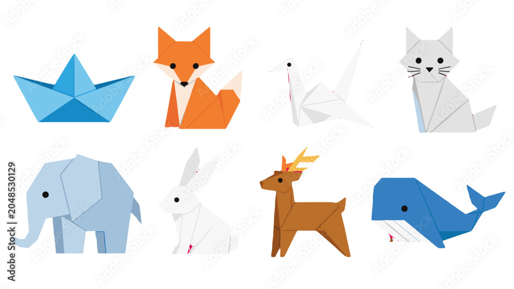 Fototapeta premium Set of colorful origami animals and paper boat vector icons