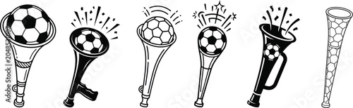 Soccer Fan Horn and Vuvuzela Collection with Football Ball Sports Celebration Vector Set