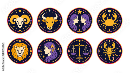 Tableau sur toile Set of zodiac sign badges with celestial circular designs