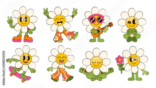 Obraz na płótnie Set of cute cartoon daisy characters in playful poses