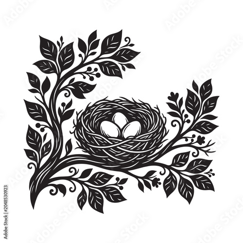 Black and white bird nest with eggs on a leafy tree branch illustration