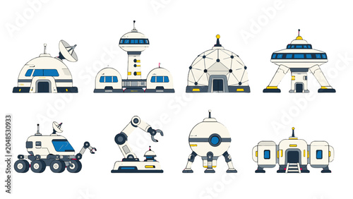 фотографія Set of futuristic space colony buildings and robotic vehicles
