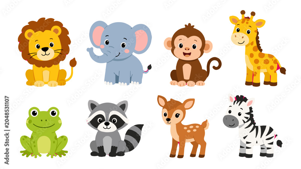 Fototapeta premium Cute cartoon wild animals set with lion elephant monkey and giraffe