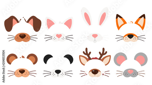 Schilderij op canvas Cute animal face costume masks set in flat vector style