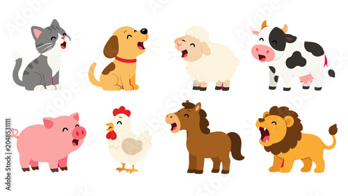 Canvastavla Cute cartoon farm and domestic animals making sounds set