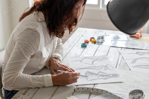 Quadro em tela Young woman designer sketching fashion ideas at a worktable