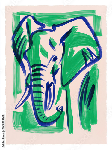 Abstract expressionist elephant painting with bold blue and green brushstrokes on light pink background