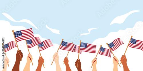 Patriotic banner Diverse raised hands holding USA flags against Blue Sky Inclusive patriotic composition Copy space, perfect for Independence Day, social media campaigns, posters promotional designs