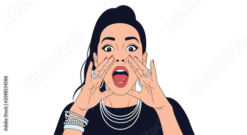 Powerful close up of a woman shouting with her hands around her mouth against a dark background representing protest or announcement.