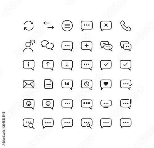 A set of modern line art icons depicting various communication symbols