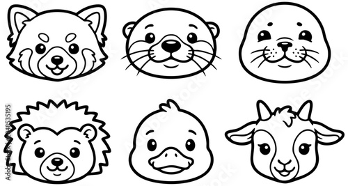 Konstfotografi Cute set of vector animal faces featuring a red panda otter seal hedgehog duck a