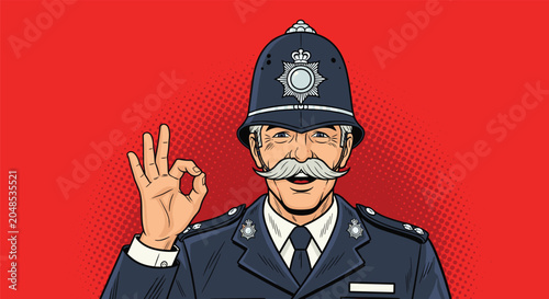 Classic british police officer in a traditional helmet making an ok hand gesture against a bright red dotted halftone background.
